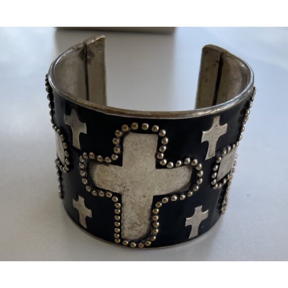 Estate Jewelry - Vintage Silver Cuff Bracelet Cross Religious Handmade Sz 7-7.5” Bohemian Western